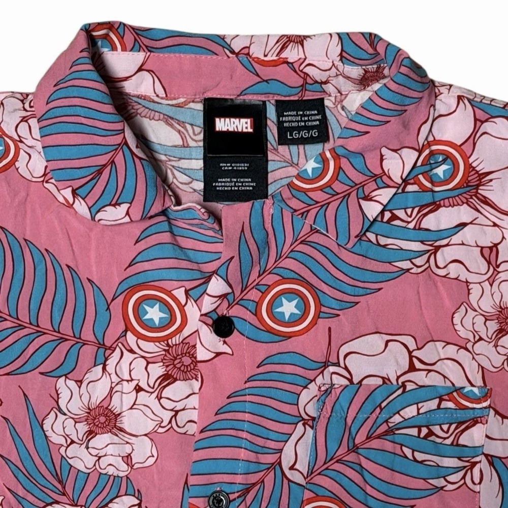 MARVEL Captain America Pink Hawaiian Shirt Men's Button Up Short Sleeve‎ Large - Picture 3 of 8